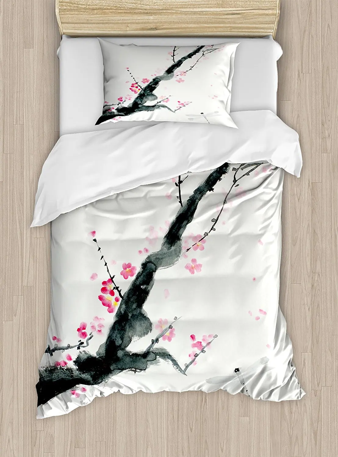 Dragonfly Duvet Cover Set Branch of a Pink Cherry Blossom Sakura Tree Bud and A Dramatic Artisan Decor Bedding | Дом и сад