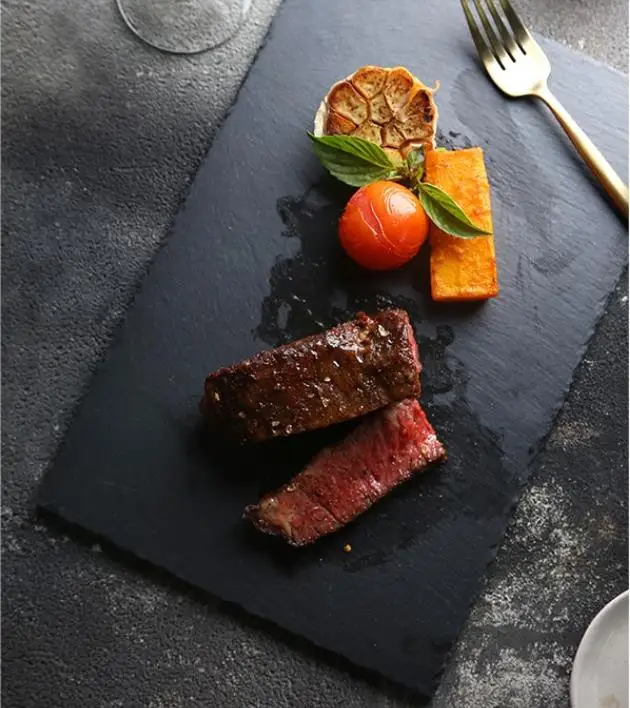 

Texture matte black premium rock stone steak western dinner plate luxury feel