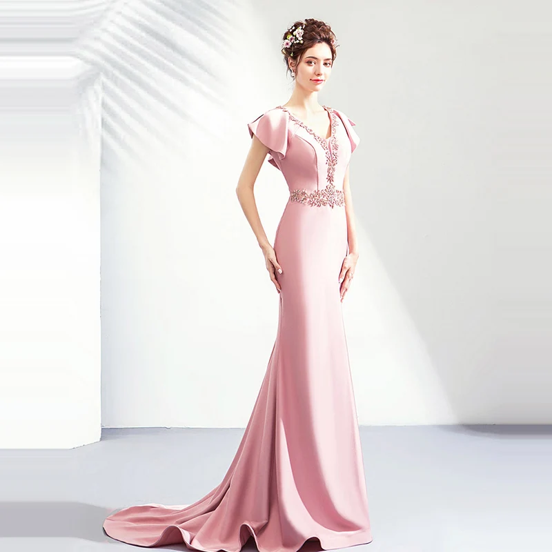 

It's YiiYa Evening Dress Pink V-neck Cap Sleeve Floor Length Court Train Beading Custom Plus Size Evening Dresses 2019 E239