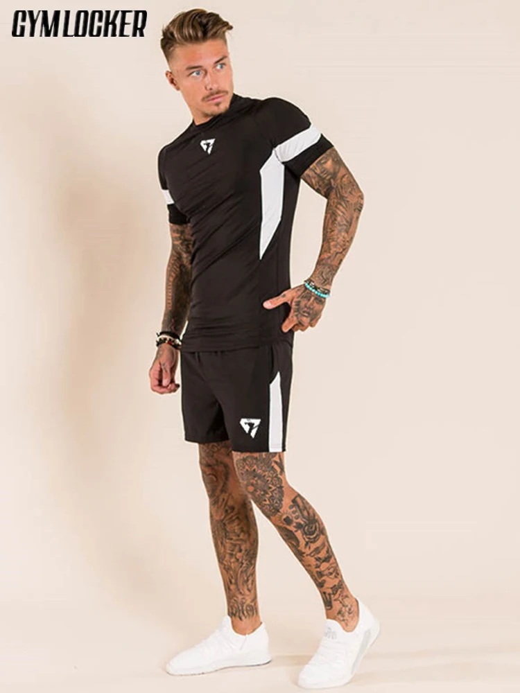 GYMLOCKER 2019 new men's sets T-shirt+shorts Brand gyms Bodybuilding slim fit set men Fitness Quick-drying splice clothes