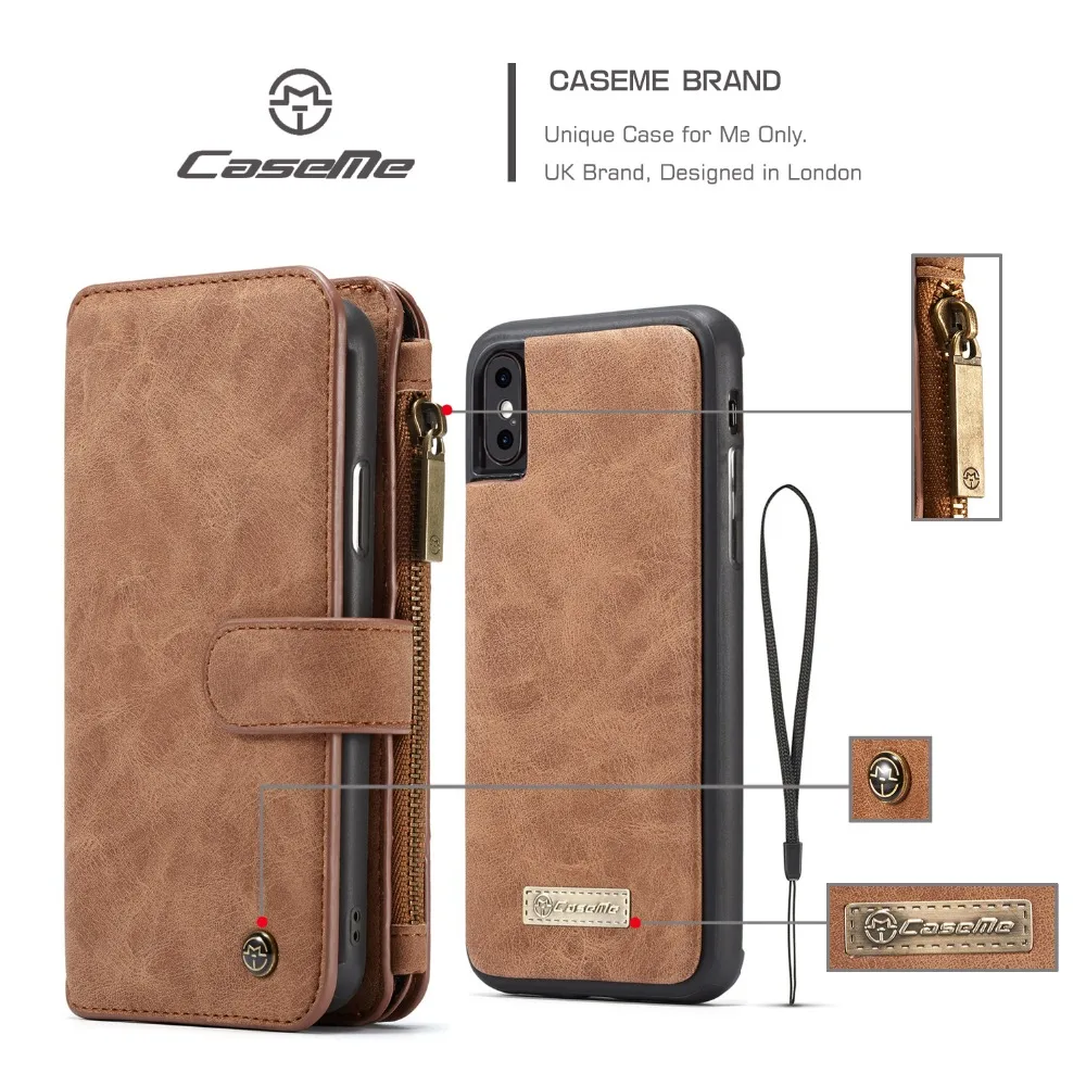 

CaseMe Multi-Functional 14 Slots Zipper Wallet Case For iPhone 5s 6 6s 7 8 Plus Split Leather Magnetic Flip Case For iPhone X