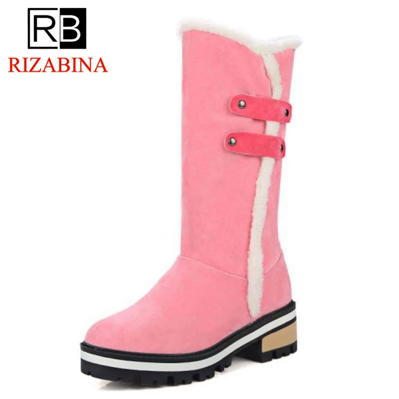 

RizaBina 4 Color Size 33-43 Women Mid Calf Boots Winter Warm Fur Thong Buckle Round Toe Boots Daily Shoes Women Footwear