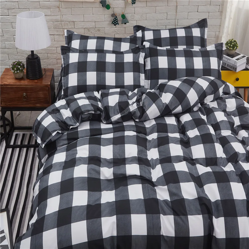 Grid stripe Bedding Set Simple fashion polyester printing 4PC Bed Sheet