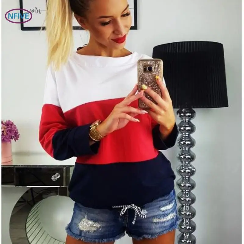 

NFIVE Brand 2017 Woman Stitching Tricolor Fashion Autumn Casual Loose Shirt Explosion Bandage Halter Long Sleeved T-shirt
