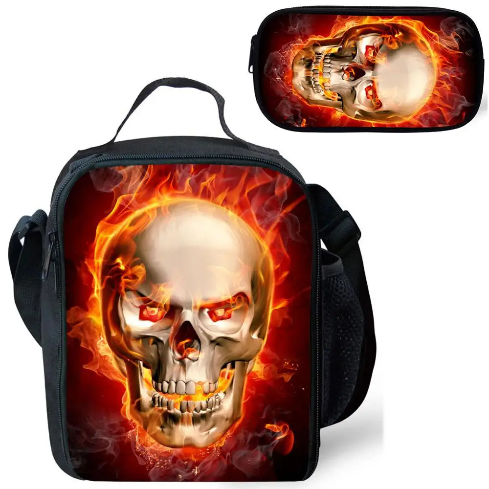 Cool Skull Design 2pcs/set Lunch Bag with Pencil Case for Kids Boys Men Messenger Bags Black Tote Bag Makeup Bag Pencil Box 2pcs amber resin u shape bags handles handcrafted handbags straps tote purse frame replacement bags wrist handmade accessories