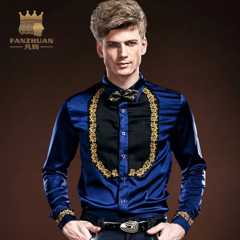 Мужская гавайская рубашка FANZHUAN облегающая синяя с длинным рукавом и цветочной