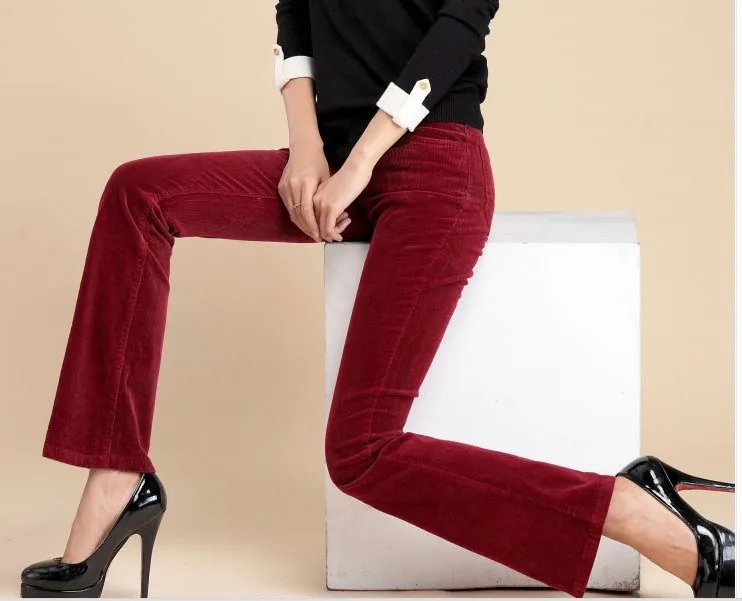 Высокое качество, г. Новые женские весенне-осенние вельветовые ботинки штаны с вырезами Брюки-клеш со средней талией для мамы, большие размеры 38