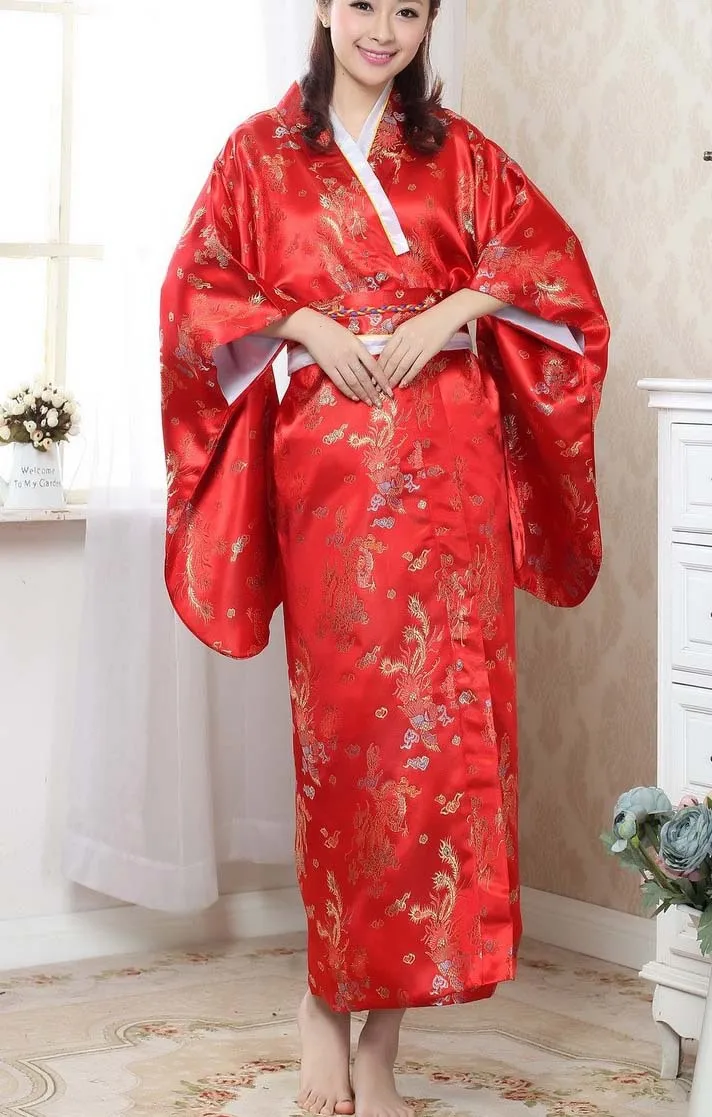 Черное Красное японское женское шелковое кимоно юката хаори с Obi представление сценическая одежда Цветок Один размер JK023 - Цвет: Red B