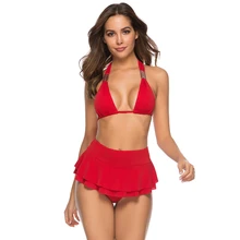 Sexy Red Mid Waist Bikini Set Unpadded Short Skirt Swimsuit Women Ruffle Lace Up Solid Stretch swimwear Female 2019 Brazilian white basic lace overlay mid waist bikini set