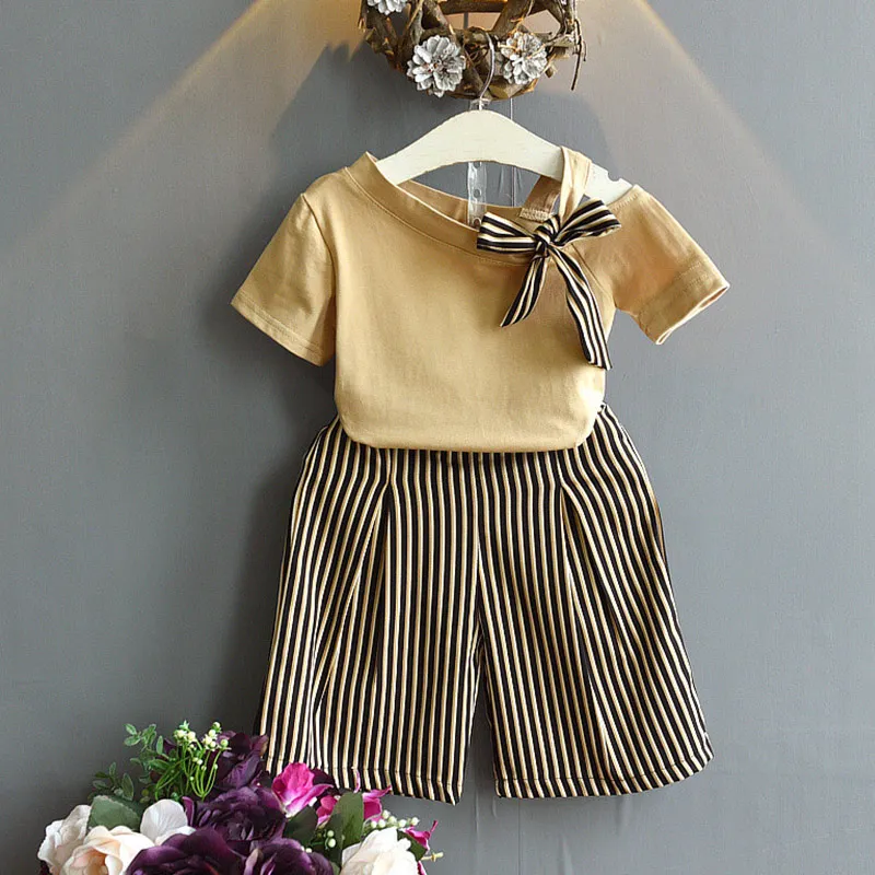 Bear Leader/комплект одежды для девочек, новинка года, белый топ на бретельках+ розовые Широкие штаны в полоску комплект одежды из 2 предметов для девочек детская одежда - Цвет: an094 brown