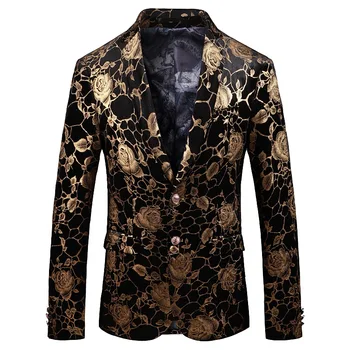

Luxury Gold Stripes Print Blazer Masculino Slim Fit Men Blazer Hombre Plus Size 5xl Stage Cloth For Dj Singer Chaqueta Hombre