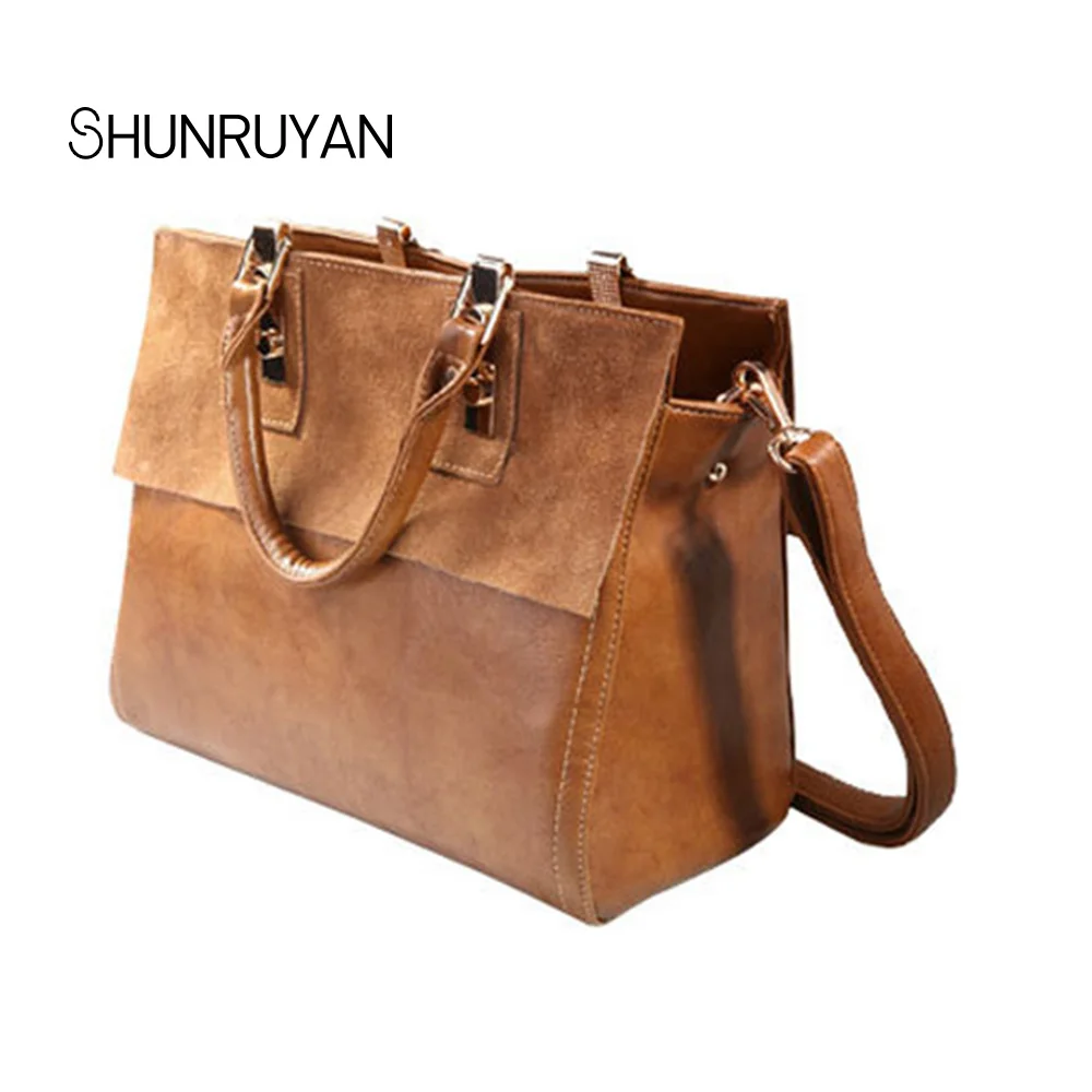 

SHUNRUYAN 2018 New Women Bag Cow Split Leather Vintage Fashion Zipper Casual Tote Shopping Handbag Shoulder Bags Ladies Bag