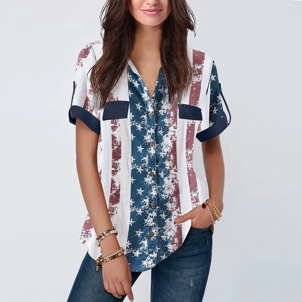 

Fashion Women American Flag Printed Top Short Sleeve Blouse Women Independence Day Blouse