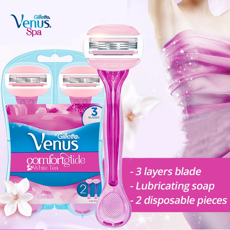 

Original Gillette Venus Straight Comfort Slip Tea White Series Gel Bar Disposable Razor 2pcs / Set 3 Ultra Thin Layers Sheet