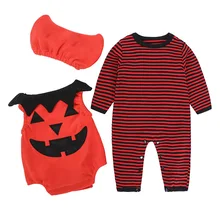 2018 Halloween Full Sleeve Garments Autumn Cotton Youngsters Rompers Cartoon Striped Printed Child Jumpsuit+Hats Boys Pumpkin Romper