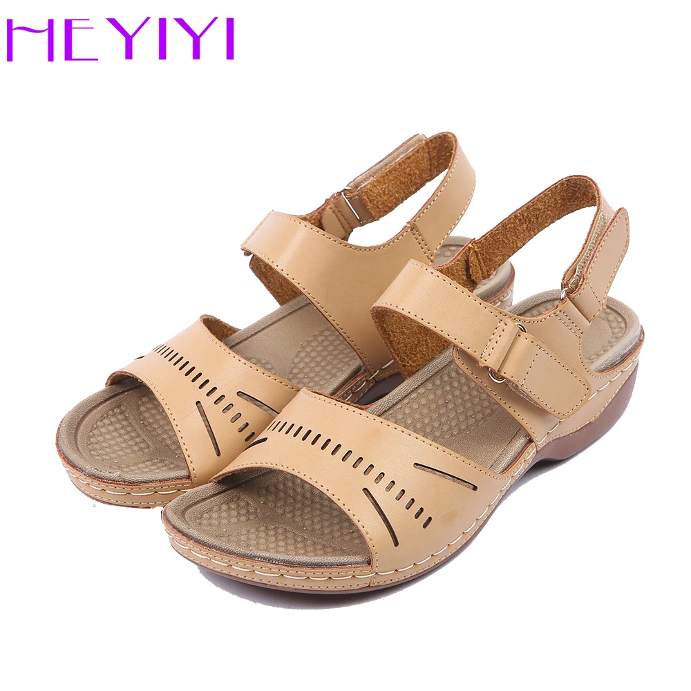 

Weges Women Sandals Platform Lightweight Hool&loop Casual Mid Square Heels Sewing Comfortable Soft Insole Rome Beige Shoes