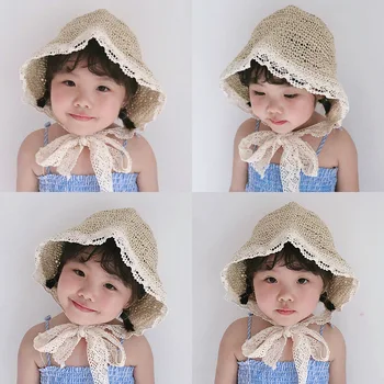 

MILANCEL summer girls hat kids straw sun hat photograph pro hat with lace string