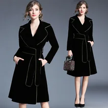 Зимний бархатный Тренч, Женское пальто Abrigo Mujer, Длинная Элегантная верхняя одежда, Женское пальто, тонкий черный кардиган, Тренч