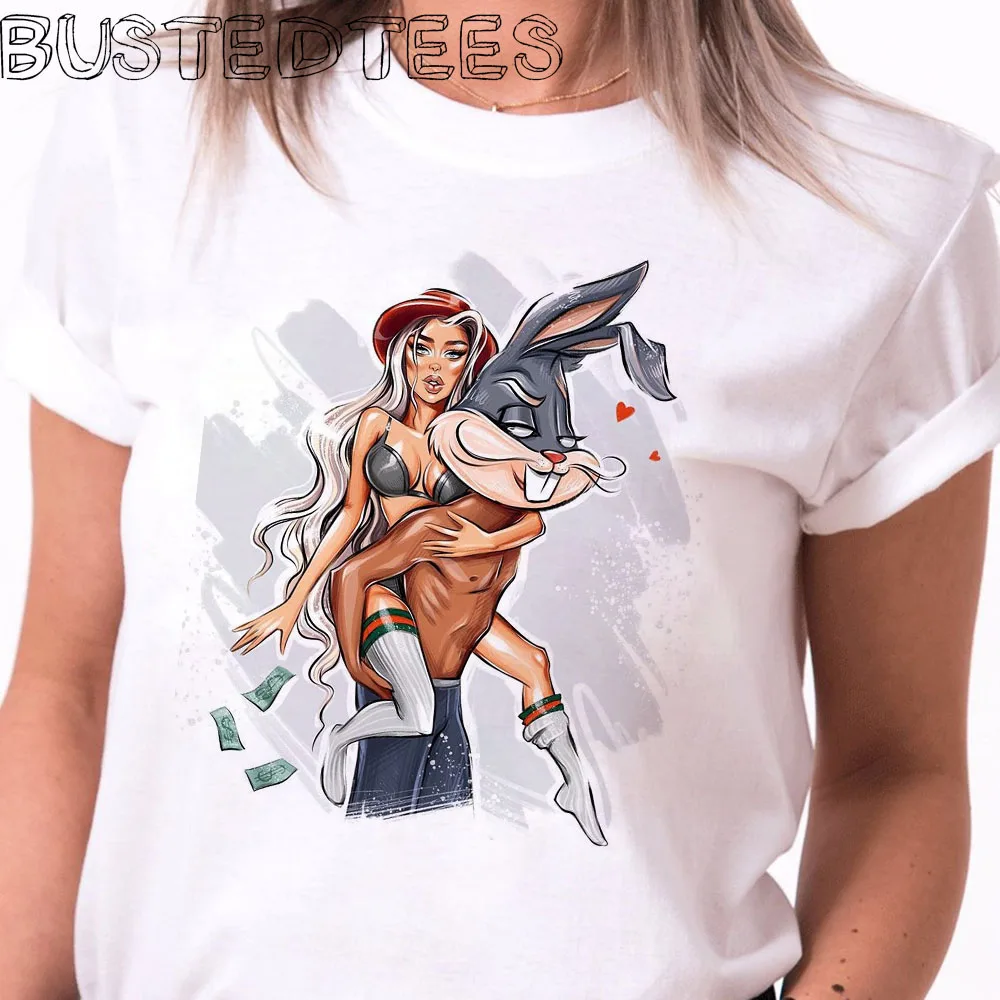 

2019 New Arrival 90s Women Summer Beauty and Rabbit T Shirts Cotton Funny Aesthetic Lovers Print Casual Couple Tops Plus Size
