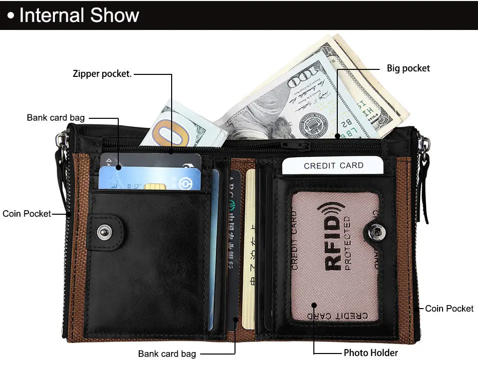 100% натуральная кожа RFID Для мужчин кошелек с монета карман двойной молнии деньги мешок кредитные держатель для карт кошелек Crazy Horse для