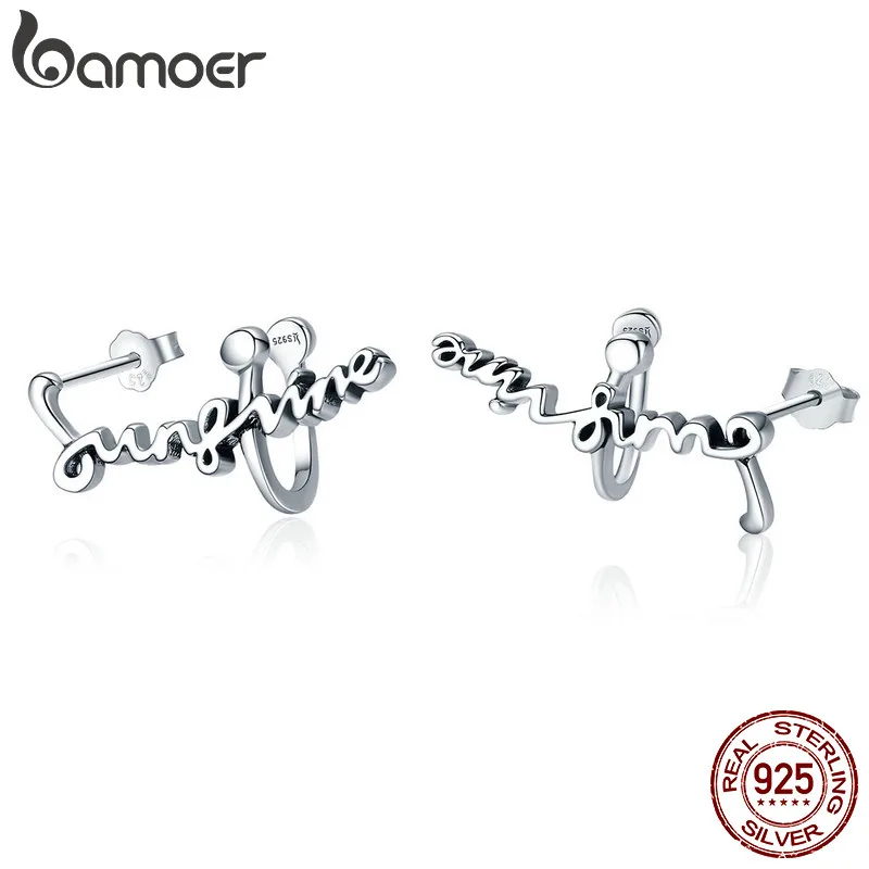 

BAMOER 100% 925 Sterling Silver Sunshine Letter Love Stud Earrings for Women Luxury Silver Jewelry Valentine Day Gift SCE263