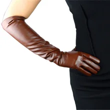 Women PU Gloves Emulation Real Leather 50cm Long Fashion Brown Nylon Lined Classic Retro PU Leather Gloves Female Cosplay  P17