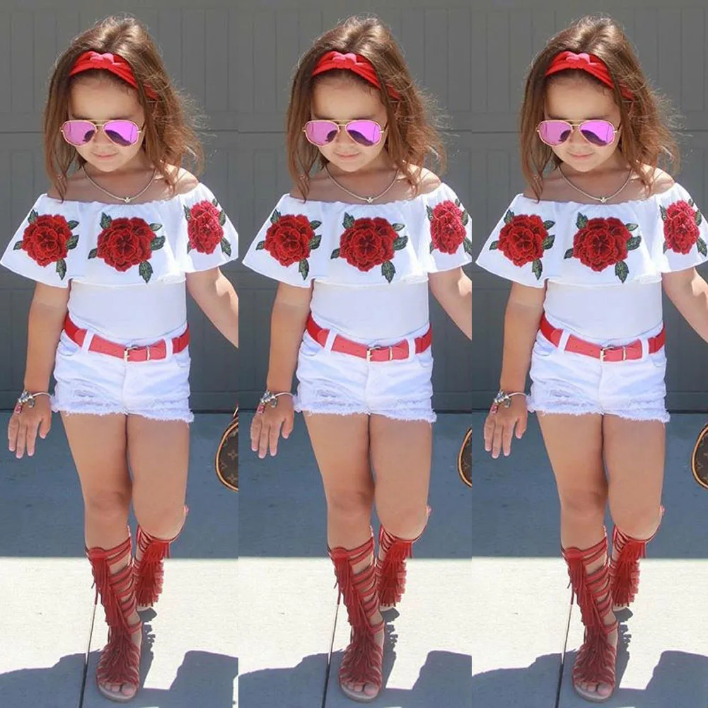 Kids Baby Girls Summer Clothes Off Shoulder Floral Printed Sleeveless Vest Tank Tops Denim Ripped Shorts 2PCS Set