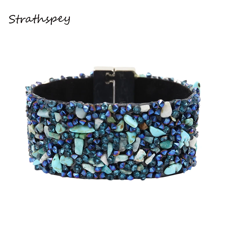 

STRATHSPEY Rhinestone Leather Bracelet For Women Natual Stone Wide Wrap Bracelets Charm Magnetic Bangles pulseras hombre