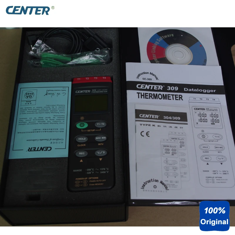 

Digital K Type Thermocouple Thermometer with 4 Inputs 16000 Records Datalogger CENTER-309