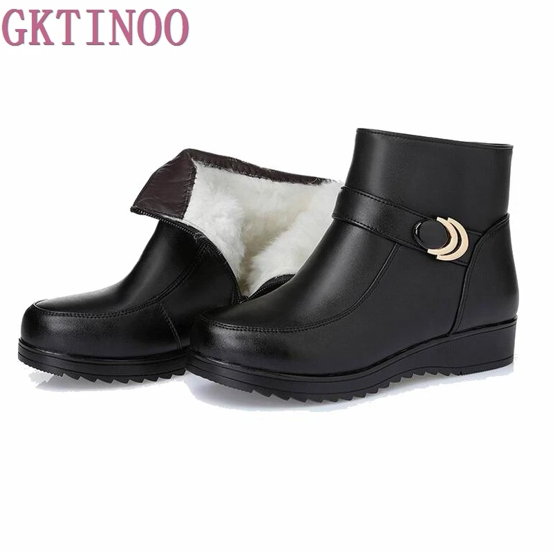 Snow Boots Genuine Leather Women’s Shoes Mother Ladies Female Winter Wool Fur Wedges warm boots Plus Size35-43