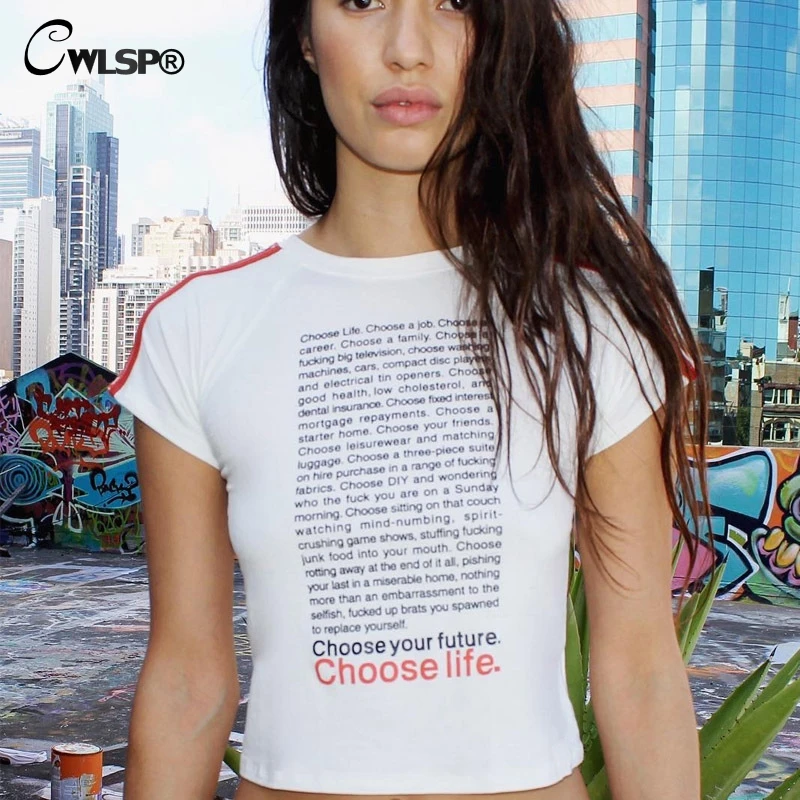 CWLSP Летняя женская футболка в полоску с круглым вырезом, женская футболка с буквенным принтом, топы с коротким рукавом, сексуальные повседневные футболки Harajuku QA2379