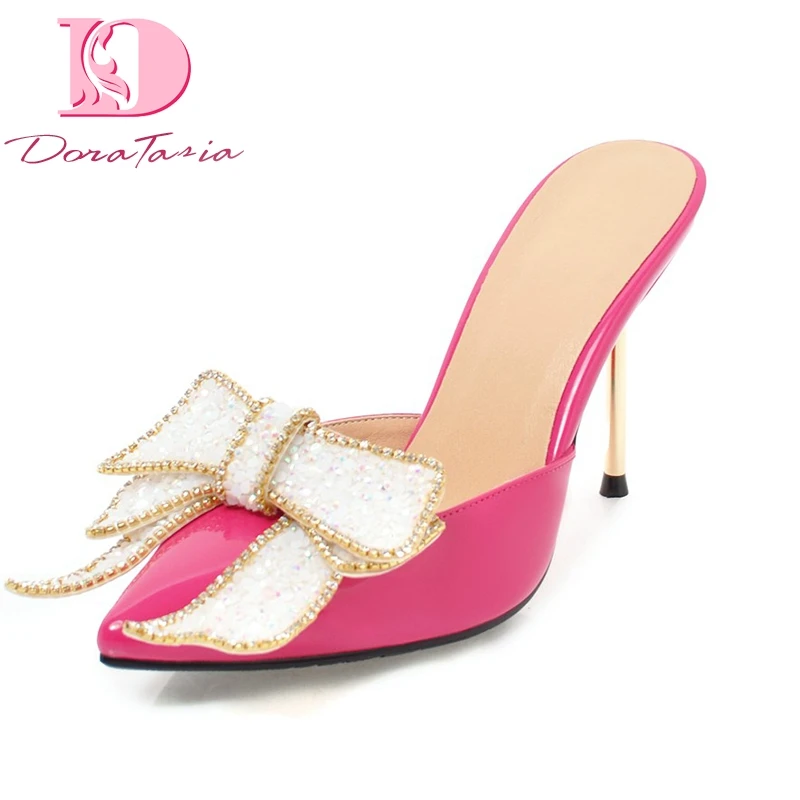 

DoraTasia 2018 High Quality Bowtie Slip On Plus Size 32-43 Women Shoes Woman Thin High Heels Pumps Pointed Toe Mules Pumps Shoes