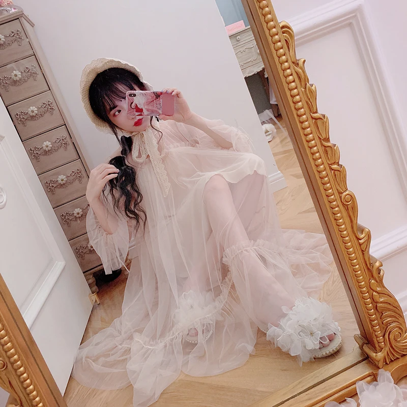 

Princess sweet lolita dress Bobon21 French Dream Super Fairy Mesh Dress lantern sleeves stand collar girl dream dress D1724