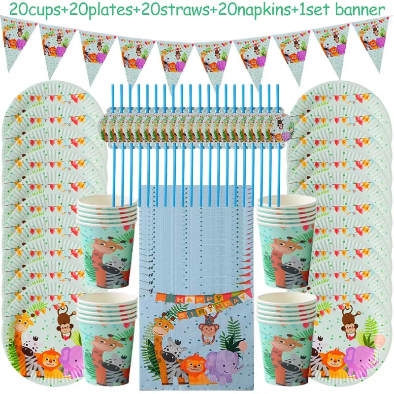

81pcs/set Jungle Party Birthday Party Decoration Baby Shower Wedding Decoration Set Banner Napkin Straws Cups Plates Supplies