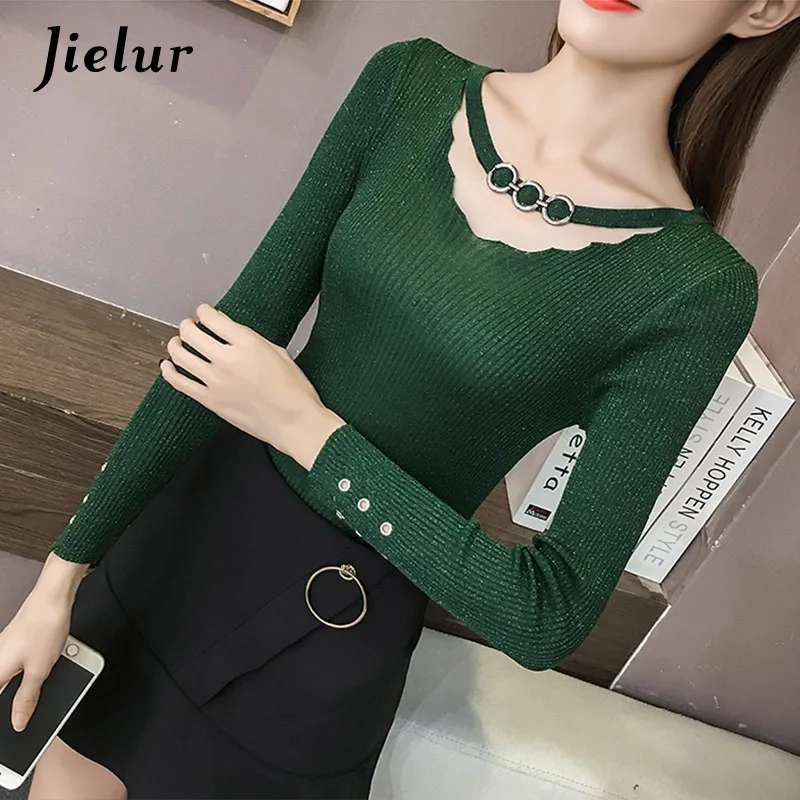 Jielur, Осенний женский свитер с v-образным вырезом и пряжками, с длинным рукавом, OL, блестящий вязаный свитер для женщин, тонкий базовый женский топ - Цвет: Зеленый