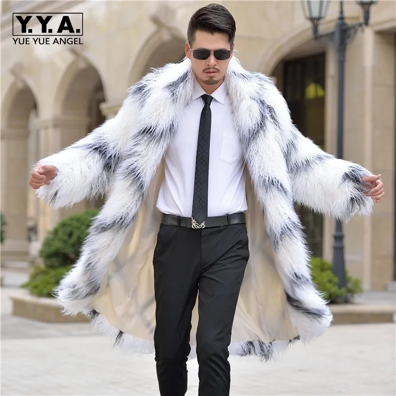 Мужская зимняя белая шуба из искусственной шерсти с длинным рукавом|long fur coat man|mens
