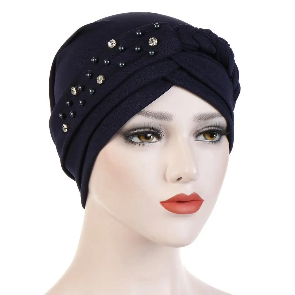 Мусульманская женская коса шляпа бини Skullies Бисероплетение Рак Кепка chemo тюрбан, головной платок обертывание исламский арабский капот выпадение волос шляпа Мода - Цвет: Navy Blue
