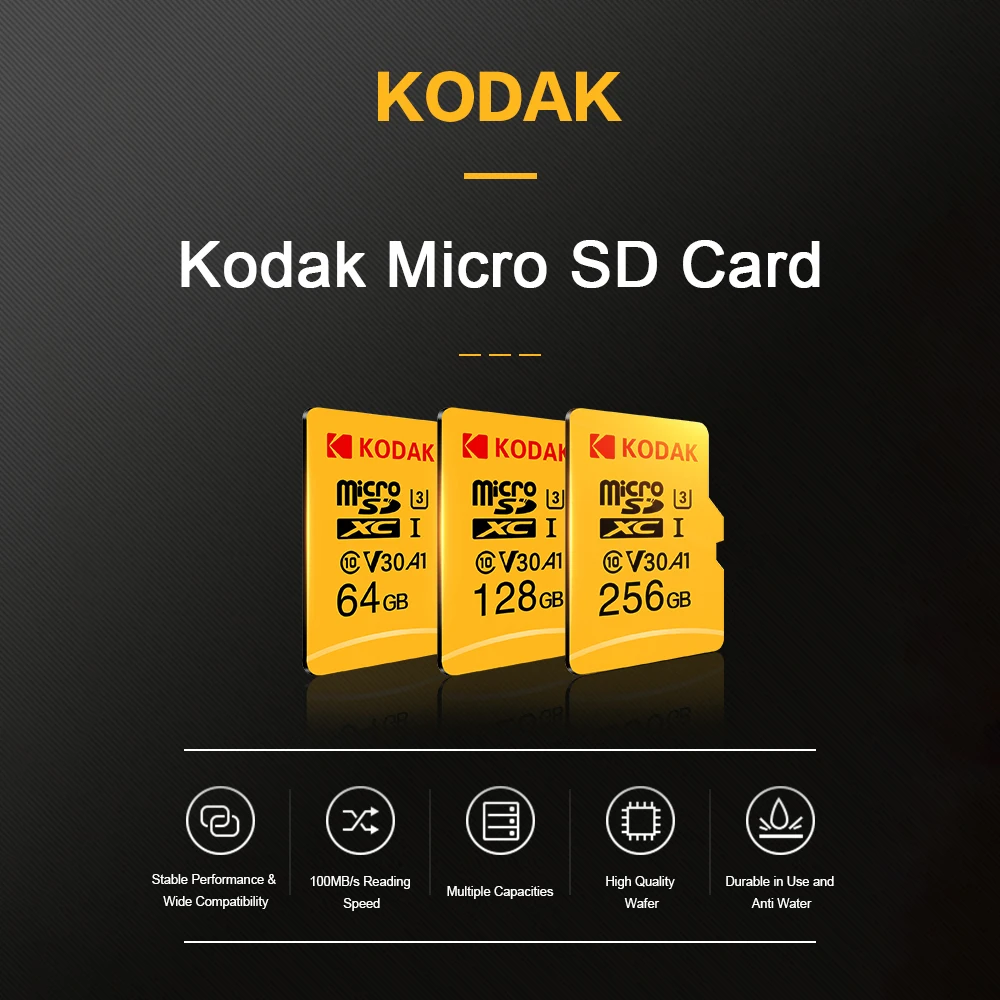 Kodak Micro SD карта, 32 ГБ, 64 ГБ 128 ГБ 256 ГБ 512 ГБ TF Карта U3 A1 V30 слот для карт памяти 100 МБ/с. чтения Скорость 4K видео запись