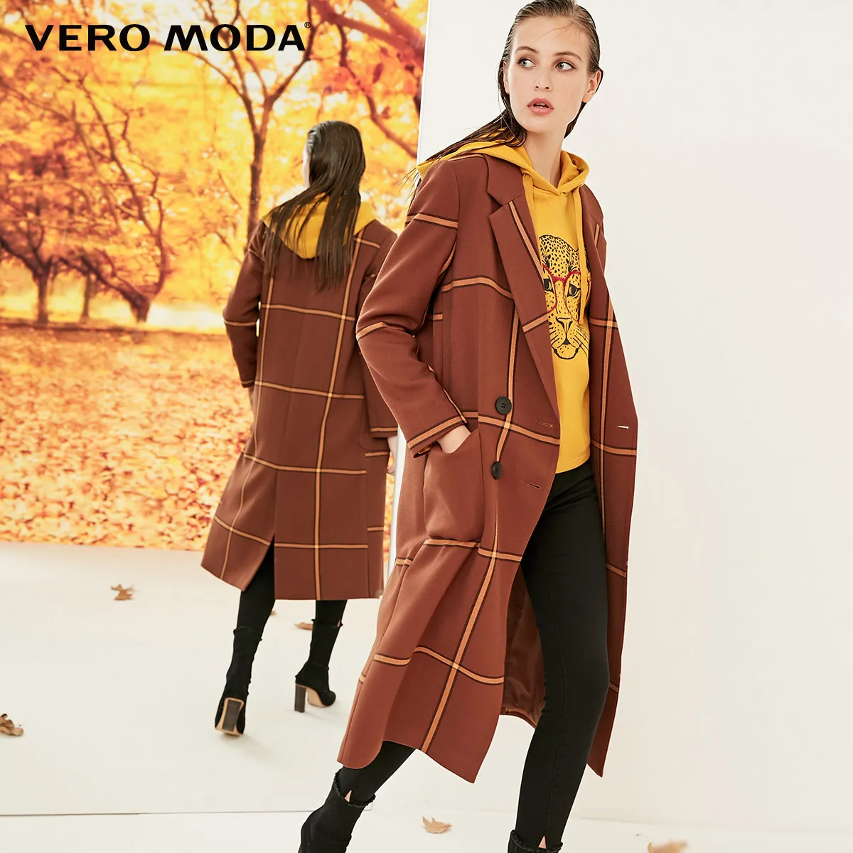 Vero Moda Новая женская куртка женская клетчатая двубортная кокон пальто Длинная зимняя куртка | 318321501