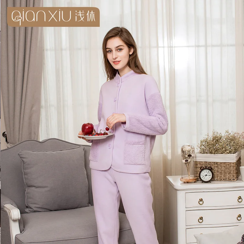 QIANXIU, пижамный комплект для женщин, утолщенный берберский флис, стоячий воротник, женские пижамы, чистый цвет, удобная зимняя теплая Пижама для женщин
