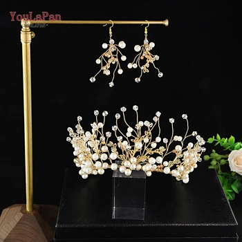 

YouLaPan HP227 Golden wedding headband crystal and pearls gold crown for the bride Wedding Crowns With Earring of Rhinestone