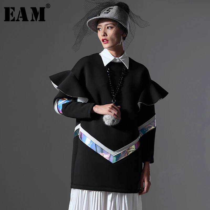

[EAM] New Customize Spring 2019 Fashion Long Sleeve Perspective O-neck Women Dress Ruffles Hit Color Big Size Dress AZK850