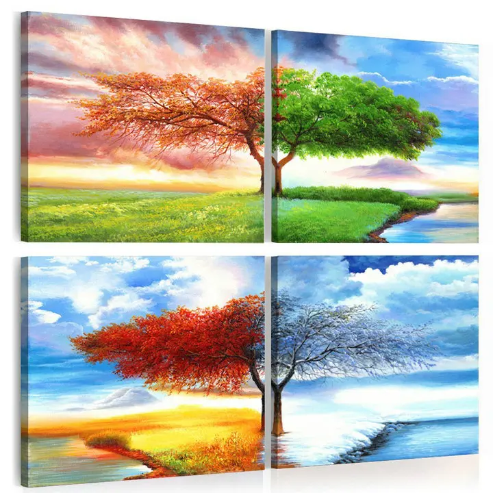 Embelish 4 панели настенные художественные плакаты четыре сезона деревья Модульная картина с ландшафтом картины Домашний Декор Точная печать на холсте для гостиной - Цвет: A Style