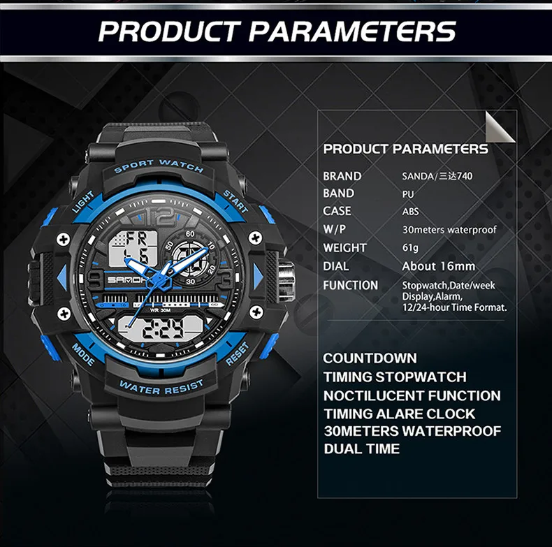 Мужские спортивные часы водонепроницаемые Модные Повседневные кварцевые часы Цифровые Аналоговые военные многофункциональные наручные часы Reloj SANDA 740