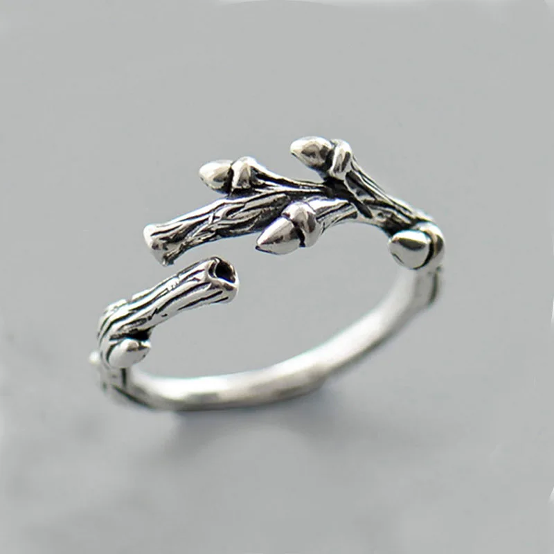 Винтаж ветка 925 пробы серебряные кольца для женщин Регулируемый размер кольцо Мода стерлингового серебра-ювелирные изделия