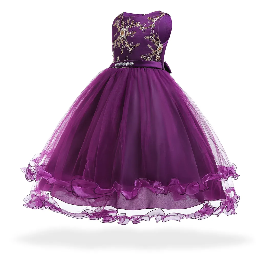 

Free Shipping Full Lenght 4T-16T Child Party Dress 2018 Arrival Purple Girl Flower Dresses Pageant Kids Evening Gowns Gold Lace