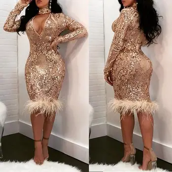 

Winter Style Sexy V Neck Feather Sequins Women Dress 2018 Elegant Bodycon Party Dress