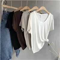 Casual-Harajuku-Solid-T-Shirt-Summer-Modal-V-Neck-Short-Sleeve-Chic-Streetwear-Loose-Cotton-Pullovers