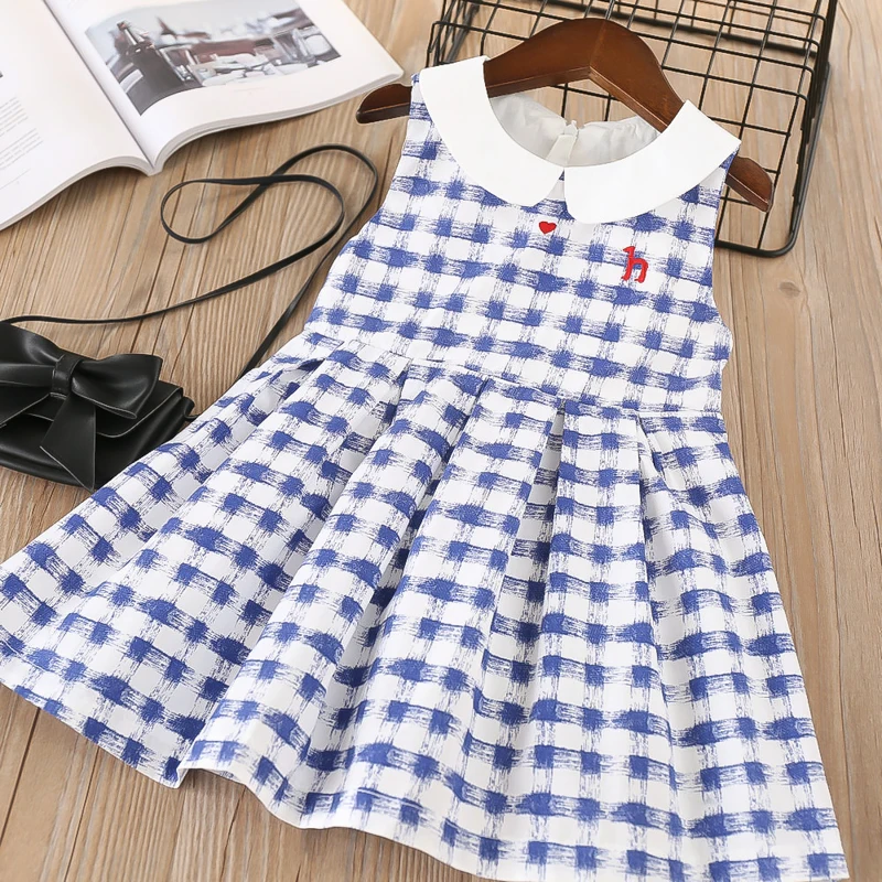 

Hurave turn-down collar sleeveless Casual New baby Girl clothes Summer dress Kids Clothes plaid A-line dresses