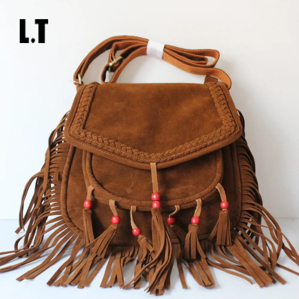 2017 Women Fringed Messenger Bag Brown Soft Leather Tassel Beaded Boho Hippie Gypsy Shoulder Bag ...